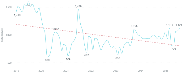 Visitor movement shown in a graph over a period from 2019 to 2025.